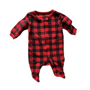 LEVERET Red & Black Fleece Checkered Zippie Sleeper Pajama, Size 3-6 Months